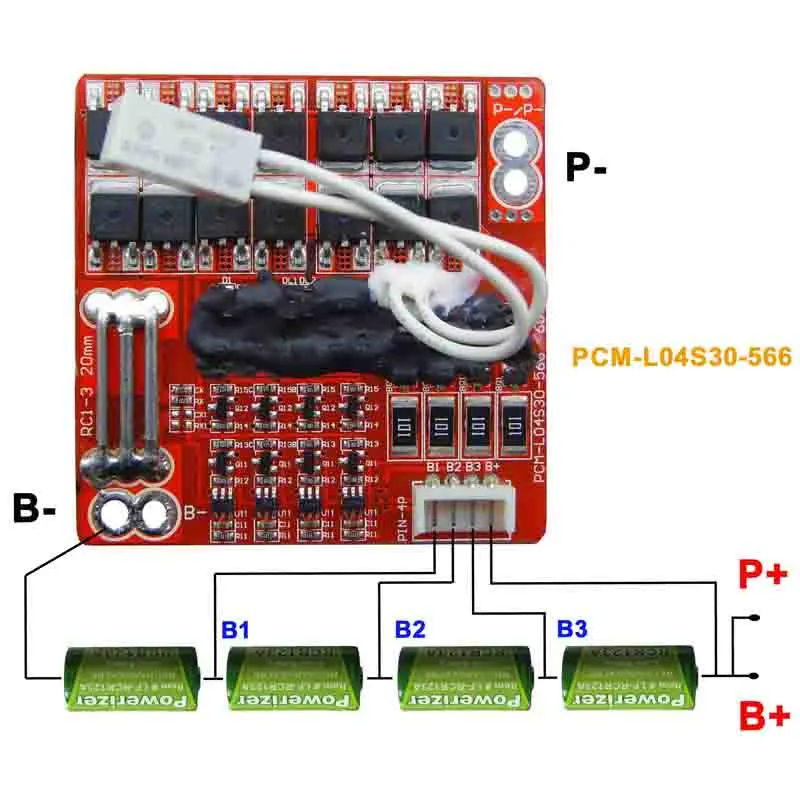 4s 30A PCM BMS for 14.4V 14.8V Li-ion/Lithium/ Li-Polymer 12V 12.8V LiFePO4 Battery Pack Size L60*W60*T5mm (PCM-L04S30-566)