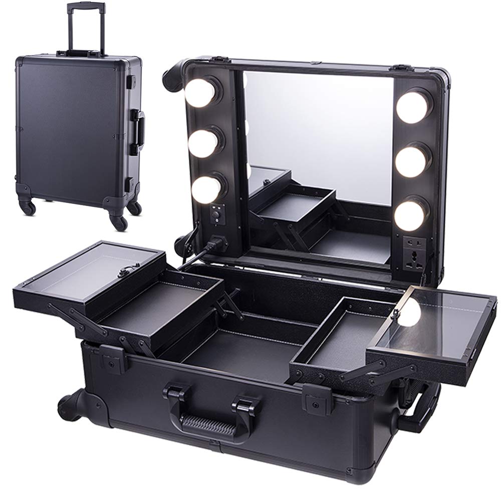 Lucky Case Professional Artist Rolling Makeup Train Case with Lights and Stand black