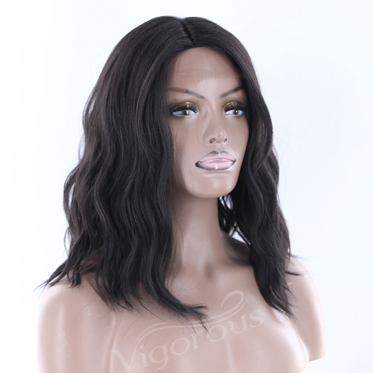 Vigorous quality free part deep wave curly short black realistic pre plucked lace front heat resistant synthetic blend wig