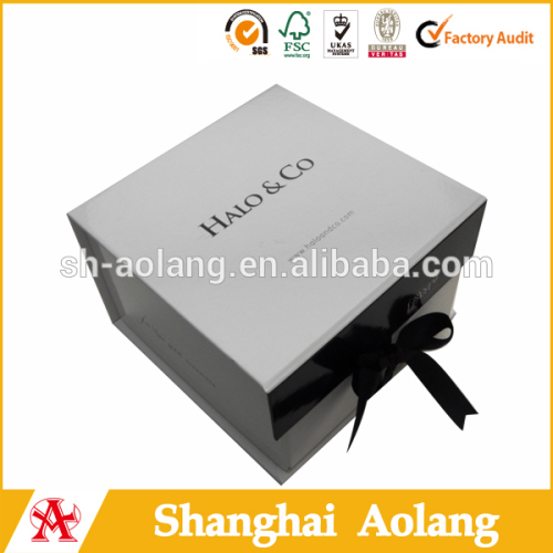 2014 rigid custom folding apparel boxes with black silk ribbon