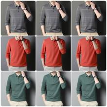 Autumn Winter Men's Zipper Stripe Long Sleeve Polo Shirt