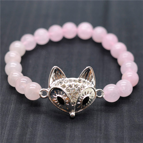 Bracelet de pierres précieuses extensibles avec perles rondes de quartz rose 8MM avec pièce de lézard en alliage Diamante