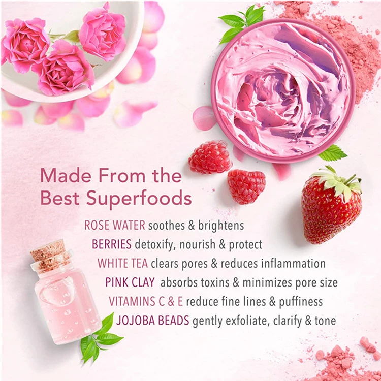 OEM Pure Rose Water & Berries Cleansing Blackheads Pink Clay Mask
