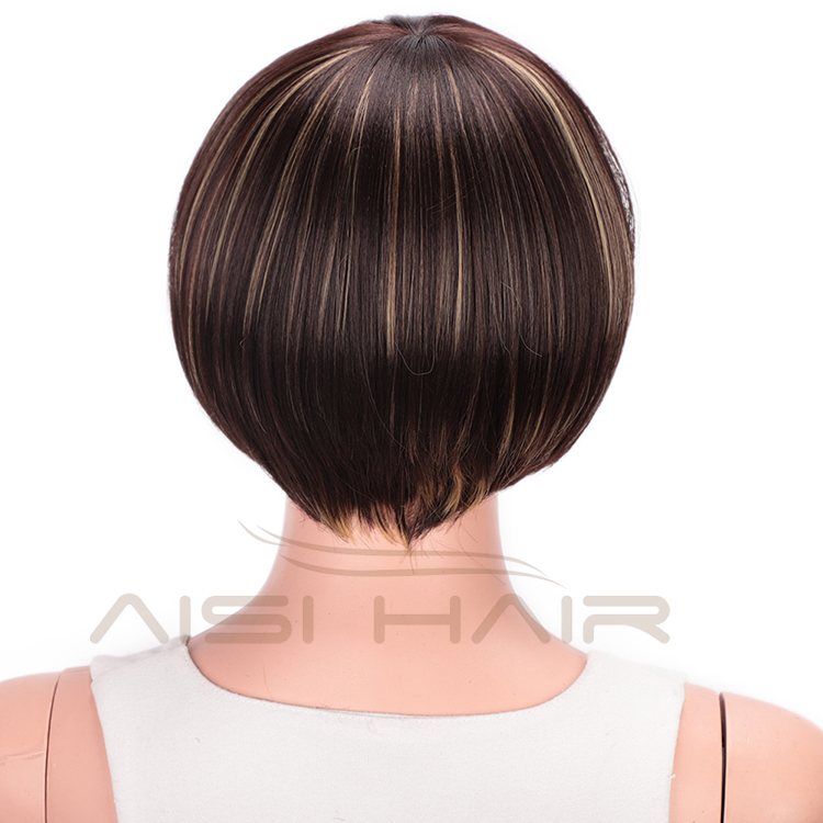 Aisi Hair Short Straight Bob Wigs Heat Resistant Synthetic Fiber Brown Blonde  Mixed Colors Short Bob Wigs with Neat Bangs