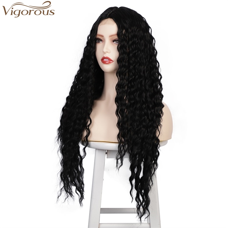 Vigorous Cheap Kinky Curly Wigs Long Synthetic Wigs For Women Middle Part Natual Black Wigs Heat Resistant Fiber Wholesale Price