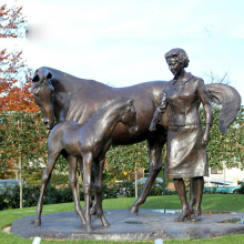 Life size cast bronze animal sculpture  mare and foal with lady statue for outdoor