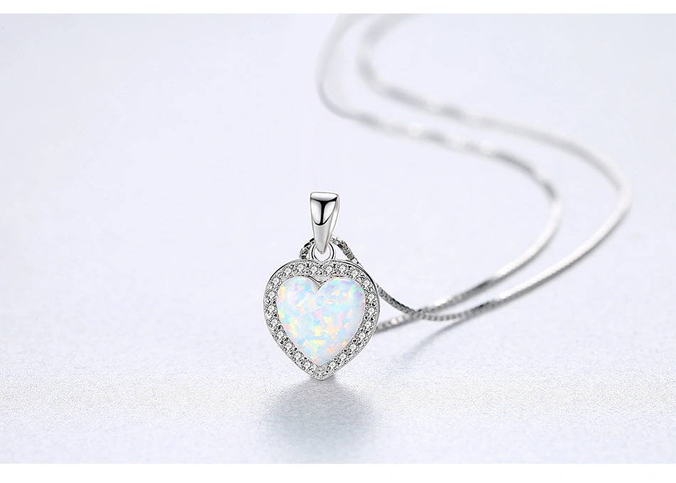 New Cubic Zirconia 925 Sterling Silver Heart Opal Pendant Necklace