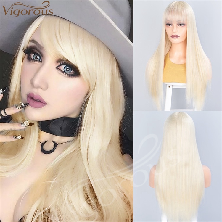 Vigorous Women's Long Straight with Bangs Synthetic Wig Heat Resistant Fiber Hair Cosplay Party Wigs Wholesale Price