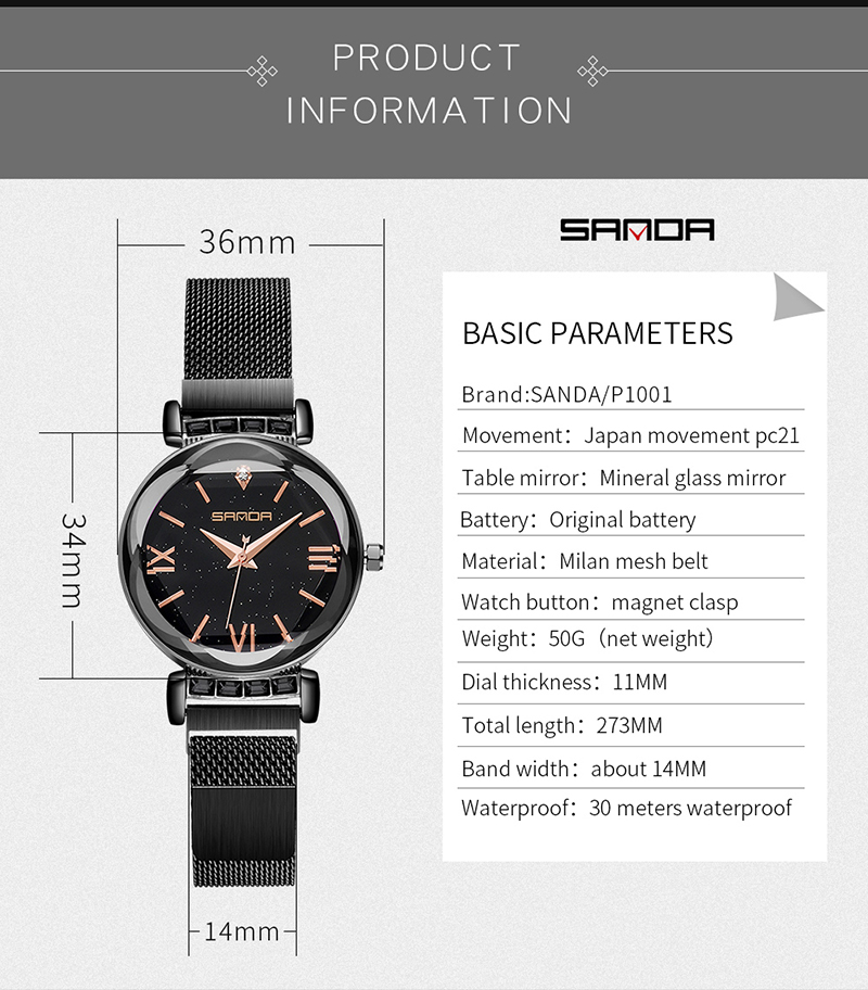 SANDA 1001 Women Fashion Quartz Mesh Strap Watches Charm Ladies Stainless Steel Dress Bracelet Wristwatch