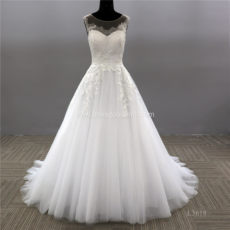 Elegant Vestido De Renda Lace Sleeveless Wedding Dress illusion Back A Line Bridal Gown