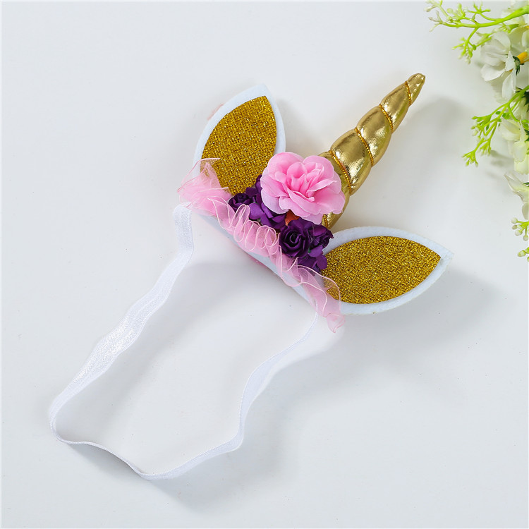 Amazon Top Selling Wholesale Cute Design Unicorn Horn Headband With Artificial Flower