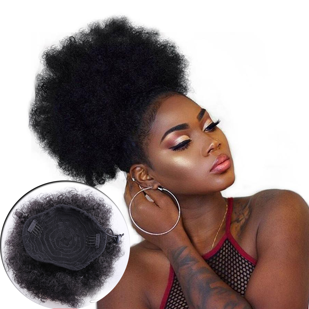 Synthetic Short Afro Puff Hair Bun Pony Tail Clip in Hair Extension Kinky Puff For Women High Temperature Hair Bun Pieces