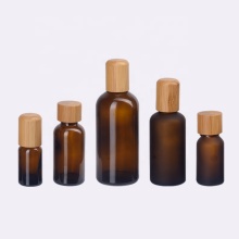 Frosted Amber Cosmetic Bottle with Bamboo Cap - Various Sizes