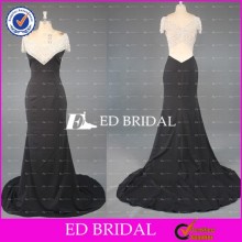 CE805 Latest Design Sexy V-Neck Short Sleeve Beaded Black Beautiful Evening Gowns