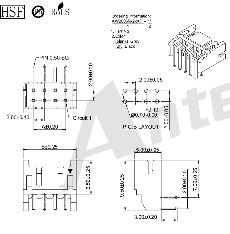 2.00mm Pitch 90 ° سلسلة موصل رقاقة الصفوف المزدوجة