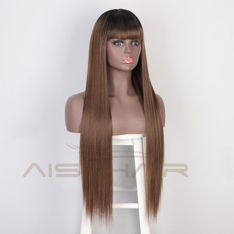 Aisi Hair Cheap Wholesale Vendor Long Straight Natural Wave Ombre Brown Wig With Bangs For Black Women Synthetic Hair Wigs