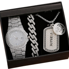Quartz Watches and Silver Choker Jewelry Sets for Couples: Stylish Cuban Link Chain Accessory Pack