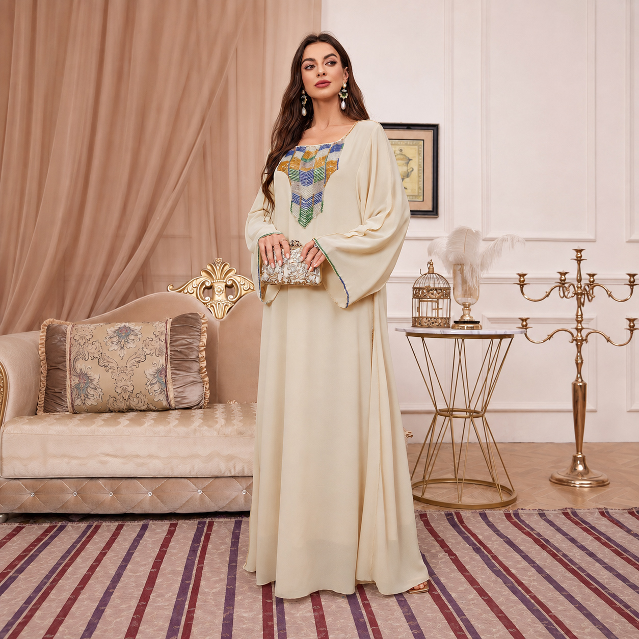 لباس ابریشمی مهره دار لوکس ابایا Elegant Beaded Muslim Chiffon Abaya Dress