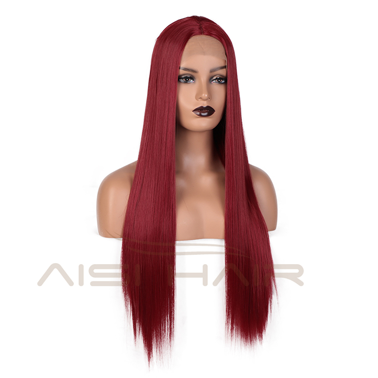 Aisi Hair New Design 26 Inch Long Ombre Red Dark Root Wig Silky Straight Swiss Lace Wigs Synthetic Hair Wigs For Black Women