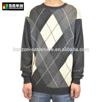 Grid Gray Melange Intarsia Cashmere Sweater, Men Grid Intarsia Sweater