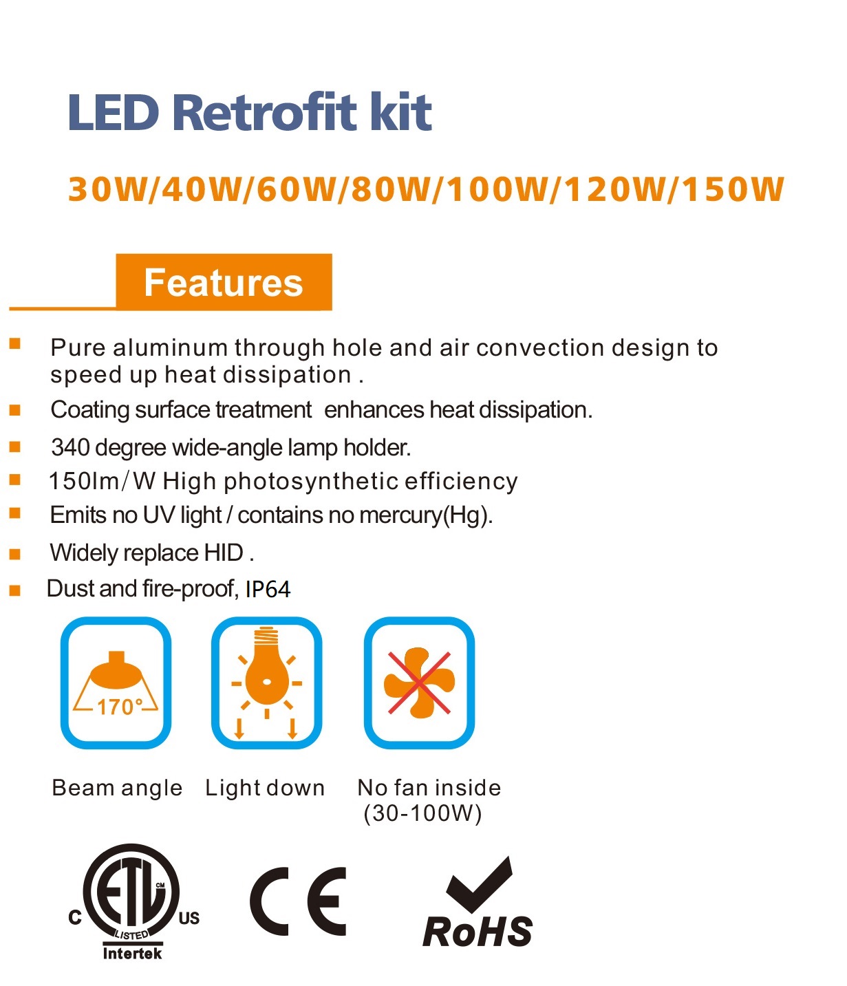 150 lm/w ETL E26 E27 Retrofit Kit 180 degree led street light lighting