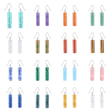 Gemstone Cylinder Stone Pendant Earring Natural Stone 8x30mm Cylinder Earrings with Silver Plated Hook Crystal Pendant Dangle