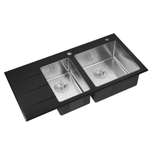 Black Glass Handmade Double Bowl Stainless Steel Kitchen Sink