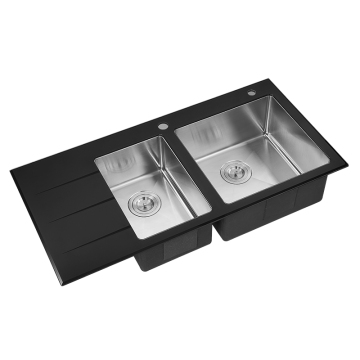 Black Glass Handmade Double Bowl Stainless Steel Kitchen Sink