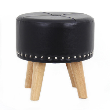 Customized Black Faux Leather Round Stool Ottoman with Wooden Legs