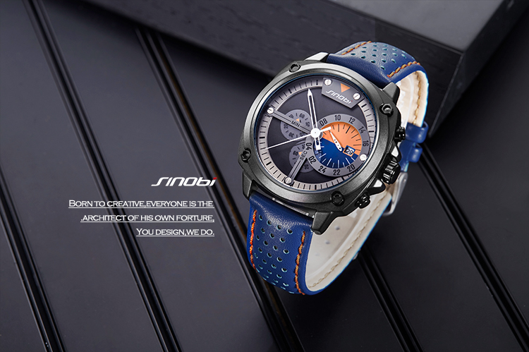 SINOBI 9785 Male Watches Quartz Leather Creative Design Auto Date Best Watches