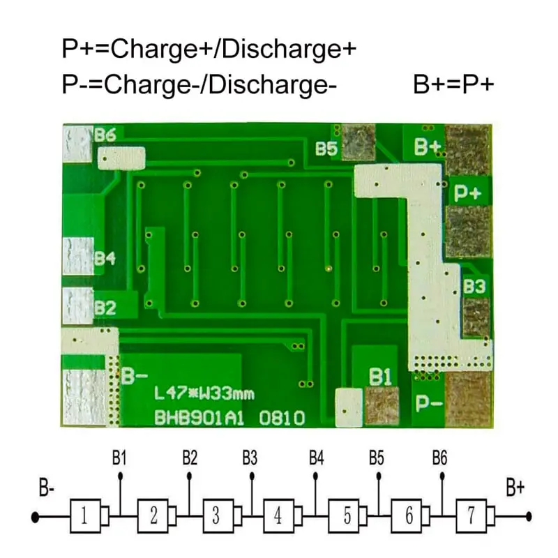 4s-7s 7A PCM BMS for 24V 25.2V 25.9V Li-ion/Lithium/ Li-Polymer 21V 22.4V LiFePO4 Battery Pack Size L47*W33*T4mm (PCM-Li07S8-102)