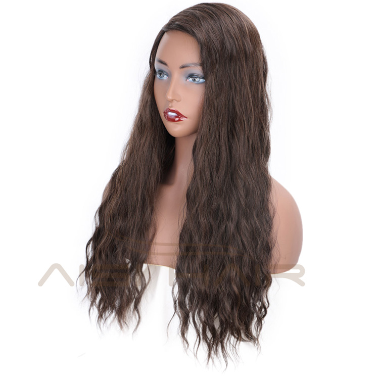 Aisi Hair Brown Color Lace Part Heat Resistant Synthetic Hair Wigs with Bangs Long Wavy Side Part Wigs for Black Women