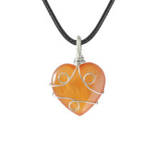 Carnelian 30MM Love Heart Pendant Wrapped Steel Wire Necklace 45CM Black Cord