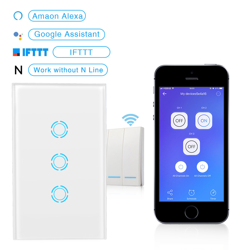 EU UK Google Assistant Wifi Smart Home Amazon Touch Wifi Wall Switch Smart Wall Light Switch 3 Gang Light Switch