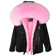 Customized Winter Women 100%Cotton Pink Fur Hooded Faux Fur Lined Woman Faux Fur Coat