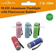 9led aluminum flashlight with fluorescent rubber torch