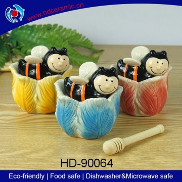 Flower shape lovely bee ceramic storage jar,honey jar,ceramic honey canister