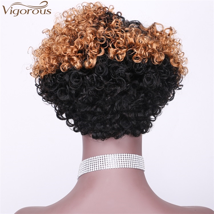 Vigorous Top Quality Ombre Black Roots To Brown Afro Kinky Curly Wigs for Black Women Short Side Part Human Hair Wholesale Price