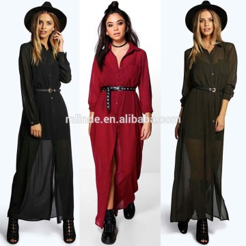 Wholesale Custom Boho Embroidered Dress 100% Polyester Buttoned Up 3/4 Sleeve Pocket Maxi Shift Shirt Dress