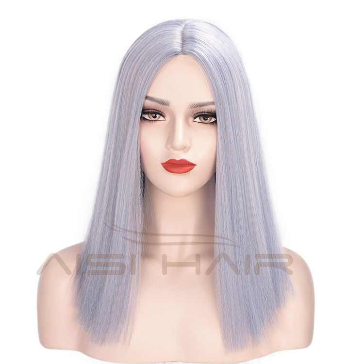 Aisi Hair Short Bob Middle Part Machine Made Wigs Yaki Grey Color Synthetic Short Cosplay Wigs for American Africans