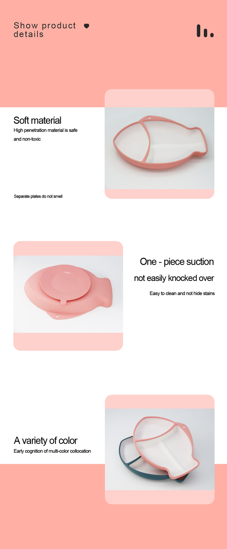 Non-slip Fish Shape Silicone Baby Plates Toddlers Divided Feeding Plate for Baby Food BPA Free Silicone Suction Plate