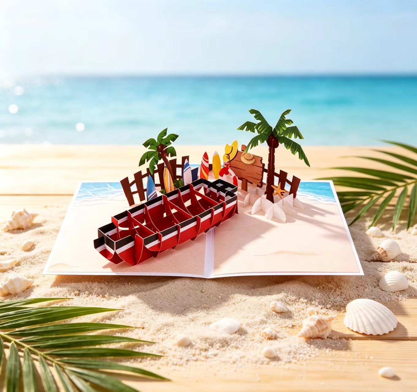 Urodzinowa karta 3d na plaży Birthday beach boat 3d card