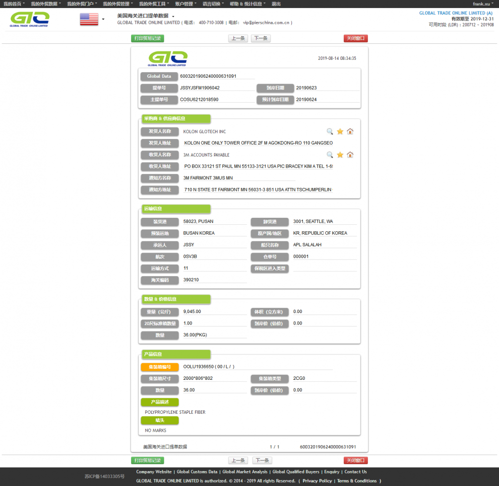 INFORMACIÓN DE COMERCIALIZACIÓN DE FIBRA GRAPADA DE POLIPROPILENO DE EE. UU.