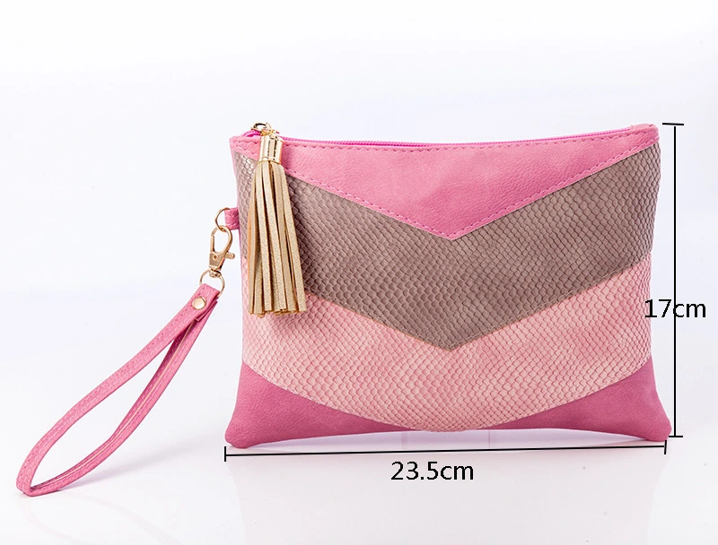 Luxury Europe Stylish Snakeskin Leather Ladies Color Contrast Purse Makeup Bag with Tassel