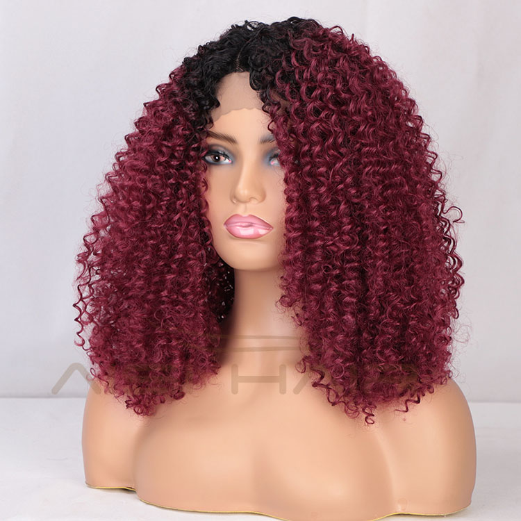 Aisi Hair Medium Long Afro Kinky Curly Wig Cosplay Ombre Red Swiss Lace Synthetic Wig Lace Frontal Hair Wigs For Black Women