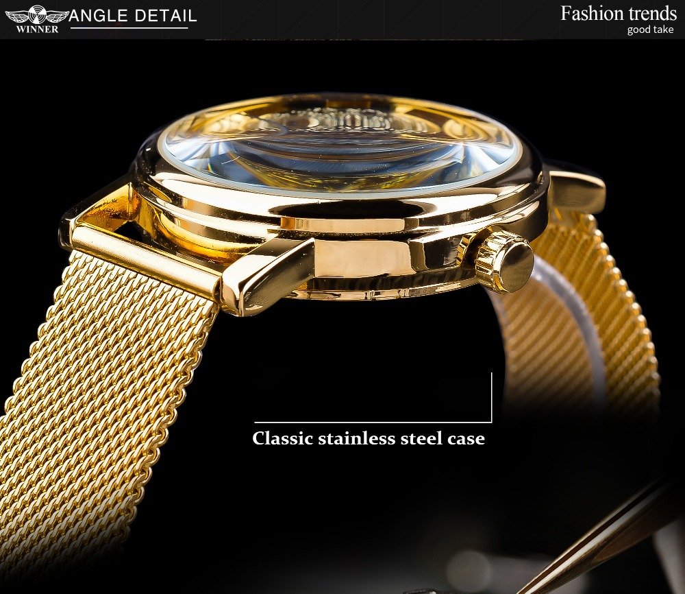 Top Brand Winner Thin Case Full Golden Watch Openwork Clock Mesh Band Men's Mechanical Watches Luminous Hands Relogio Masculino