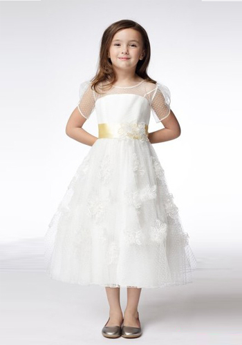 A-line Round Neck Short Sleeve Tea-length Satin Lace Layers Flower Girl Dresses