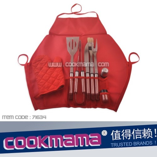 8pcs stainless steel handle bbq tool set with apron