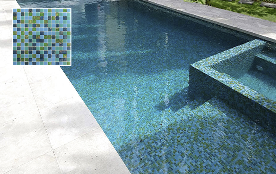 Mixed Blue and Green Molten Glass Pool Tiles