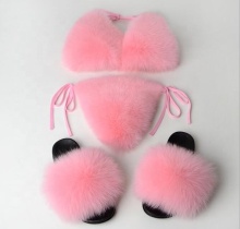 Women Real Fox Fur Bikini Bra and Fox Fur Slides Summer Beach Underwear Fluffy Soft Bikini